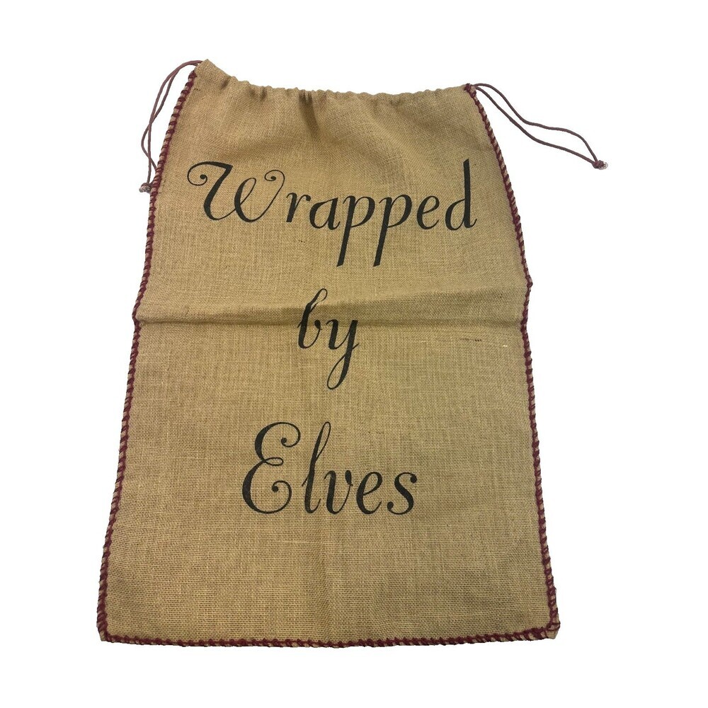 Burlap Gift Bag Drawstring "Wrapped By Elves" 19.5" x 29 Christmas Reusable